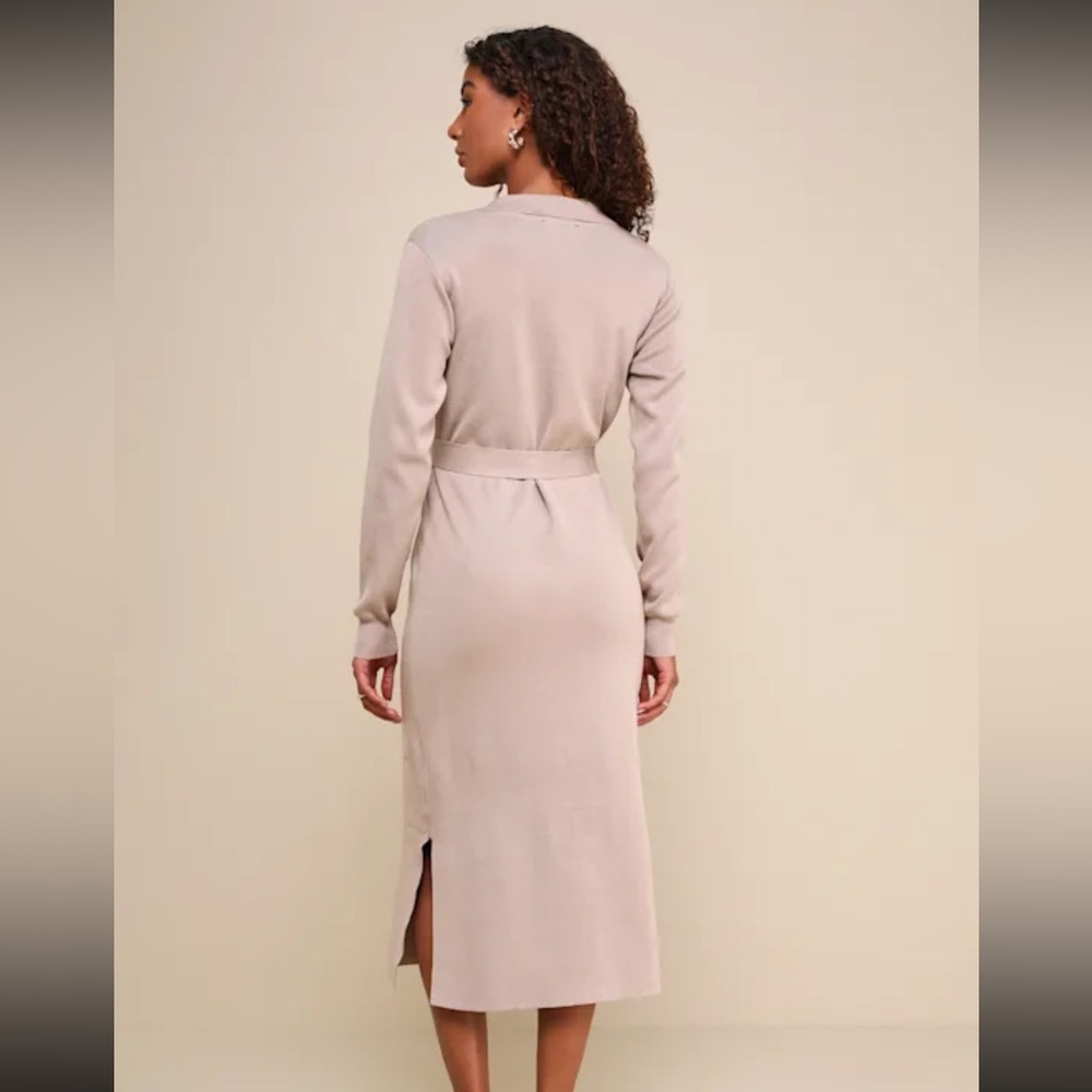NWT Lulus Charming Comfort Beige Collared Button-up Sweater Dress - Size XS - Picture 3 of 5